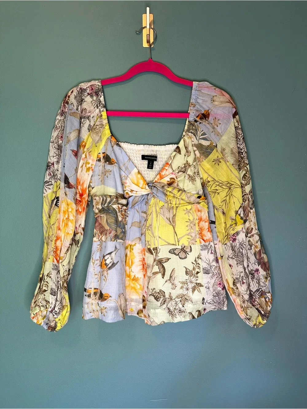 Banana Republic Patchwork Botanical Ramie Blouse Cottagecore Boho Small Tall
